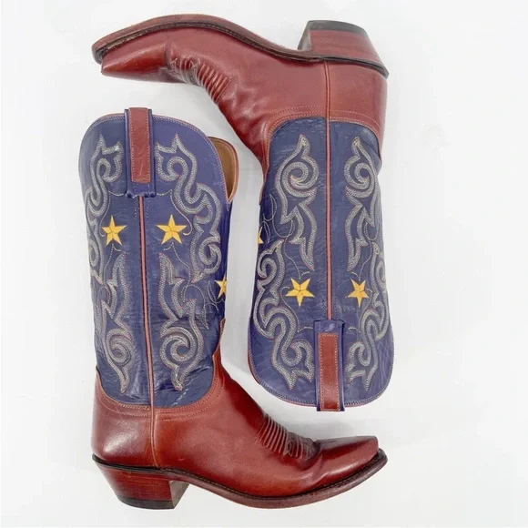 Lucchese purple/blue brown star embroidered snip toe women’s boots - Picture 4 of 13